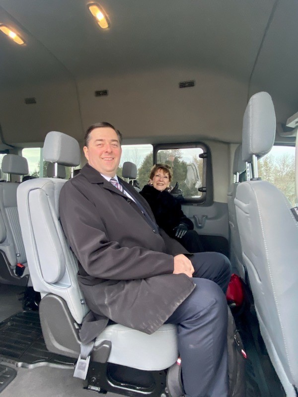 Deputy Warden Brian Ostrander and Warden Mandy Martin aboard the Commuter Connect bus, heading to the February meeting of County Council.