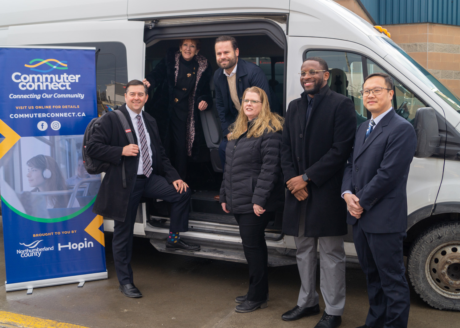 (Left to Right): Deputy Warden Brian Ostrander, Warden Mandy Martin, MPP David Piccini, Community Care Northumberland Transportation Service Manager Bobby-Jo Preston, Hop In Technologies Co-Founder & COO Boyd Reid, and Eastern Charters Manager Richard Li.